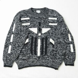 Vintage 80s Sweater Black White Mens Abstract Geometric Grandpa Retro